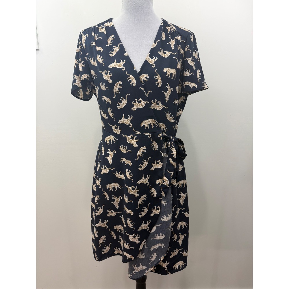J.Crew Navy Blue Leopard Print Faux Wrap Dress Short Sleeve L6954 Size 2